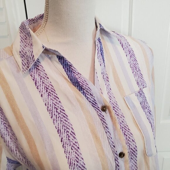 Chico's Button Up Shirt Size 0 US Small Lightweight White Blue Tan Stripes Coast - Picture 6 of 13